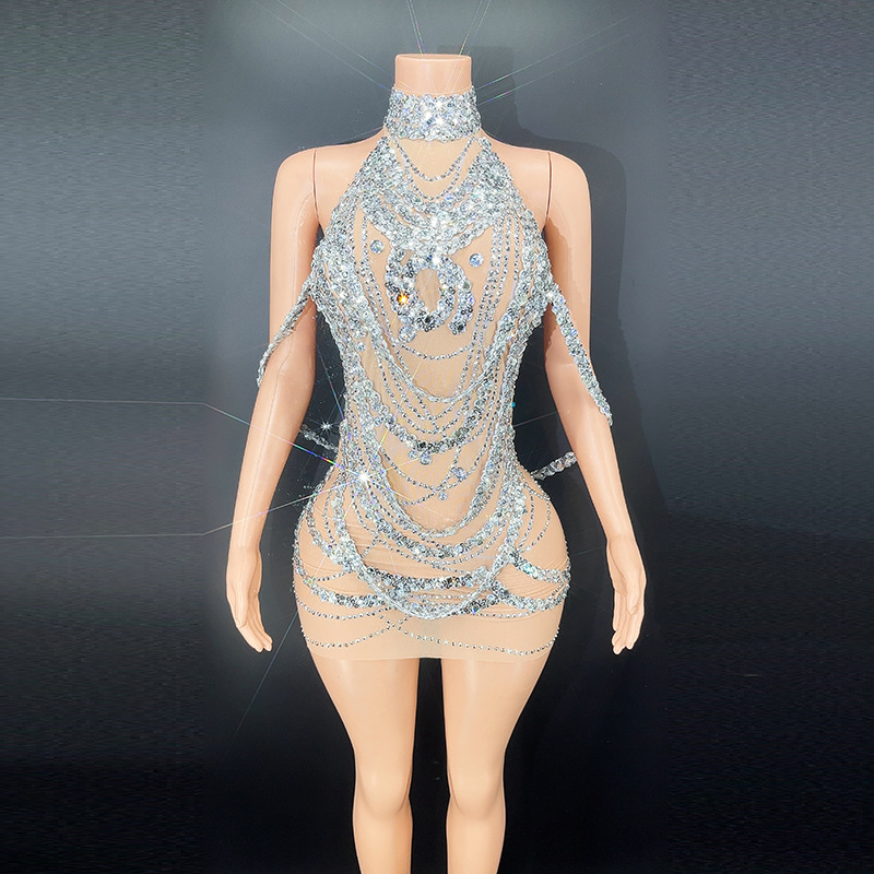 Embroidery Skirt - Sexy Sparkly Prata Prom Vestidos, Glitter
