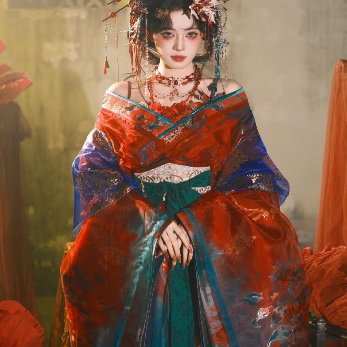 Embroidery Set - Vestido Feminino Hanfu Preto e Azul