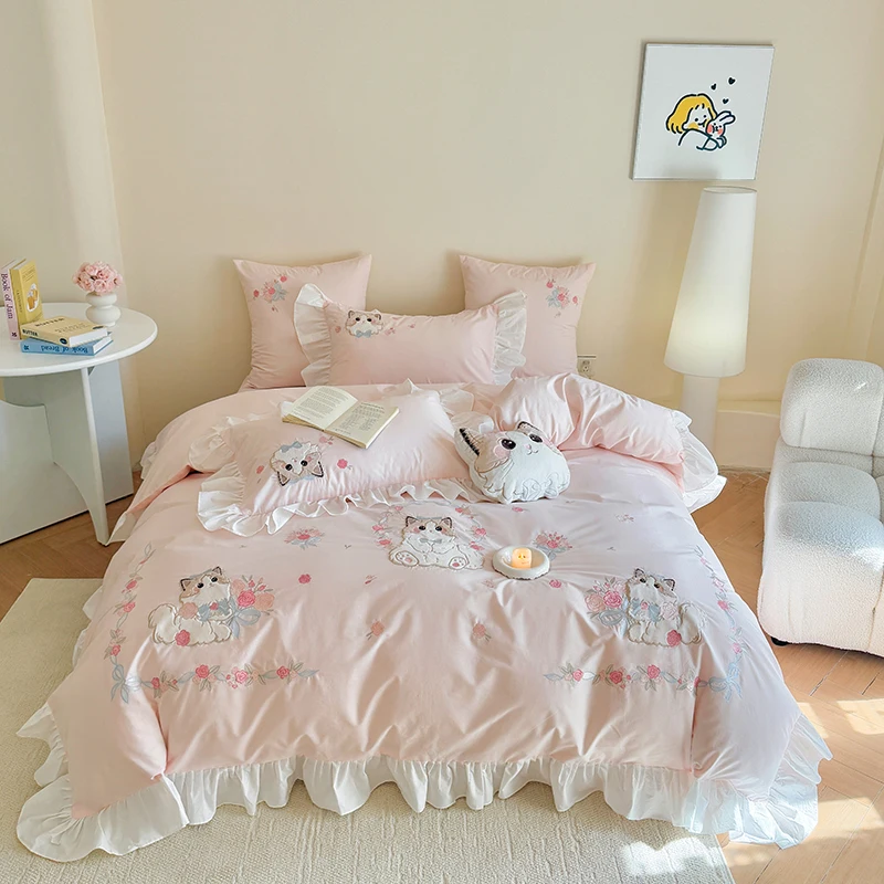 Rosa puro algodão bonito dos d - Embroidery Quilt Cover avaliação e preço