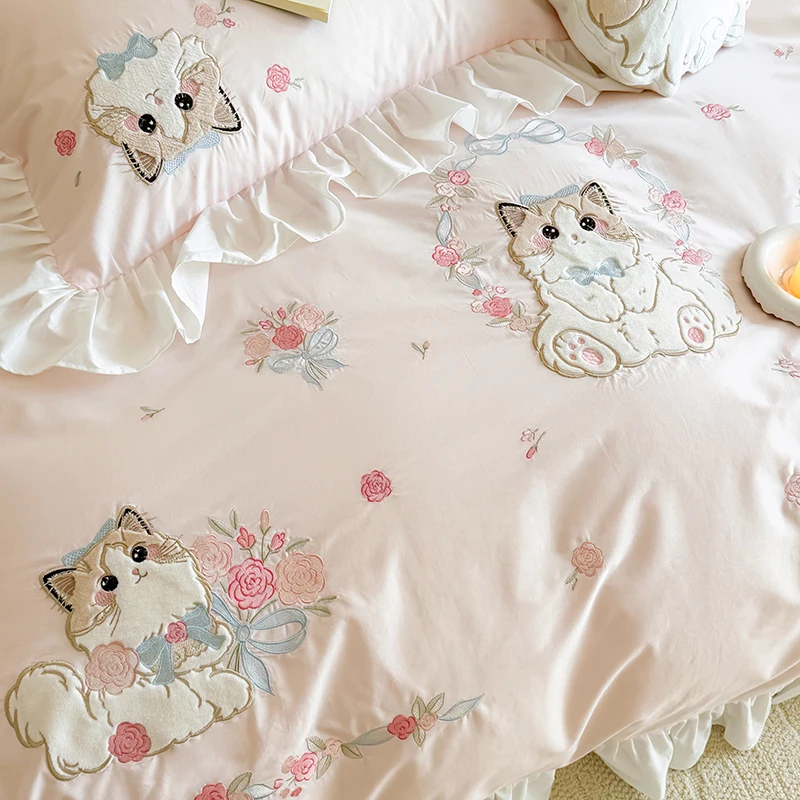 Rosa puro algodão bonito dos d - Embroidery Quilt Cover avaliação e preço